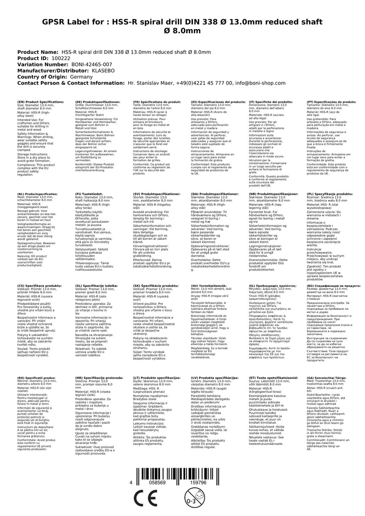 HSS-R Spiralbor DIN 338 Ø 13,0mm reduceret skaft Ø 8,0mm-2