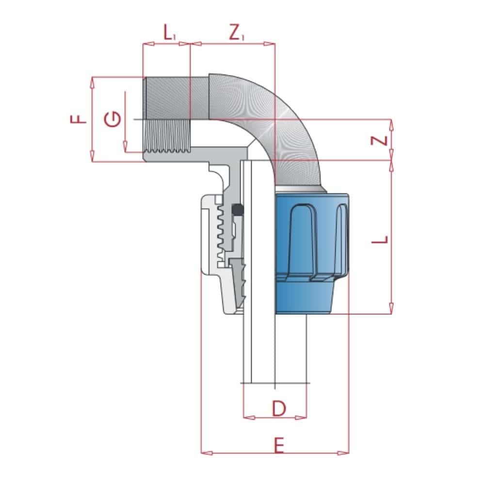 PP PE Rør Fitting 90° Vinkel 20 x 1/2" IG-0