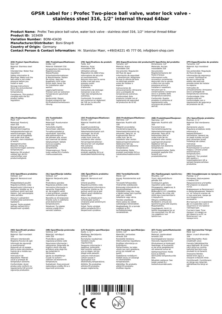 Profec To-delte Kugleventil, Vandafbryder - Rustfrit stål 316, 1/2" Indvendigt gevind 64bar-0