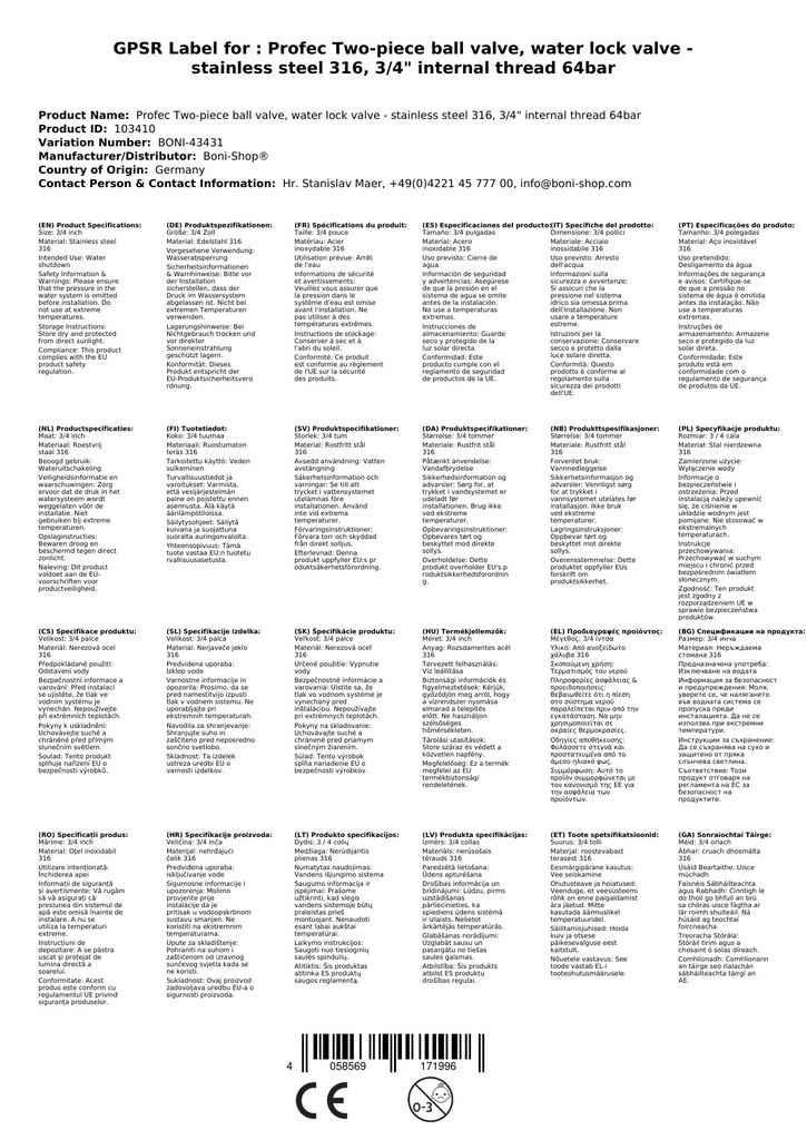 Profec todelt kugleventil, vand stopventil - rustfrit stål 316, 3/4" indvendigt gevind 64 bar-0