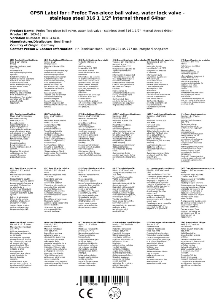 Profec todelt kugleventil, vandafbryder - rustfrit stål 316 1 1/2" indvendigt gevind 64 bar-0