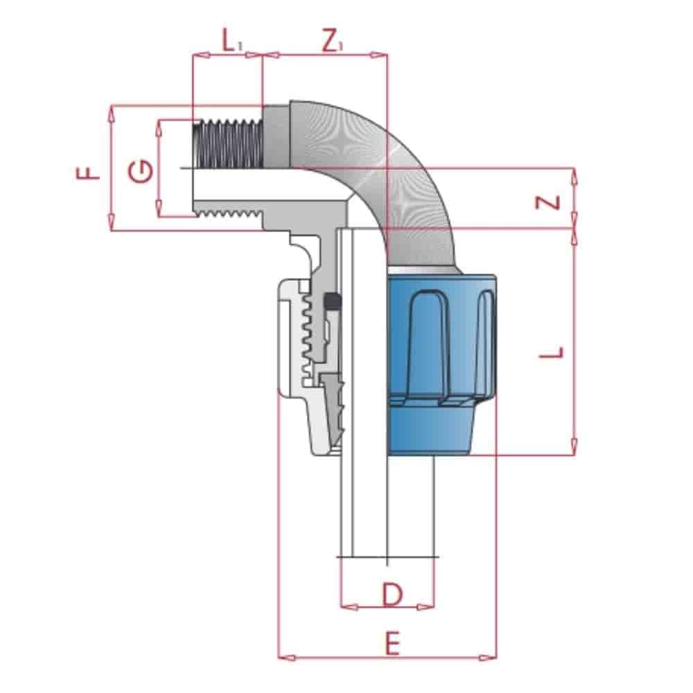 PP PE Rør Fitting 90° Vinkel 20 x 1/2" AG-0