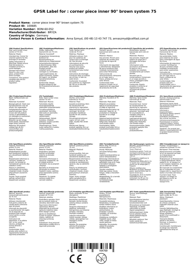 Hjørnestykke Indvendig 90° brun System 75-1