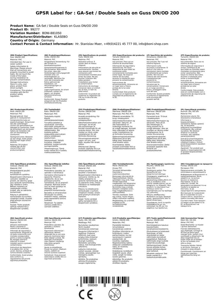 GA-Set / Dobbelttætninger på støbejern DN/OD 200-3