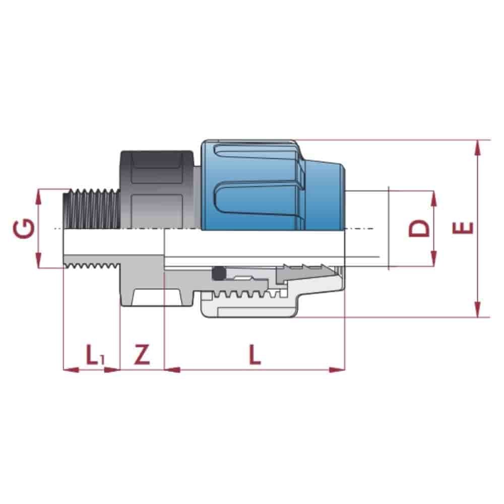 PP PE Rør Fittings Kobling 20 x 1" AG-0