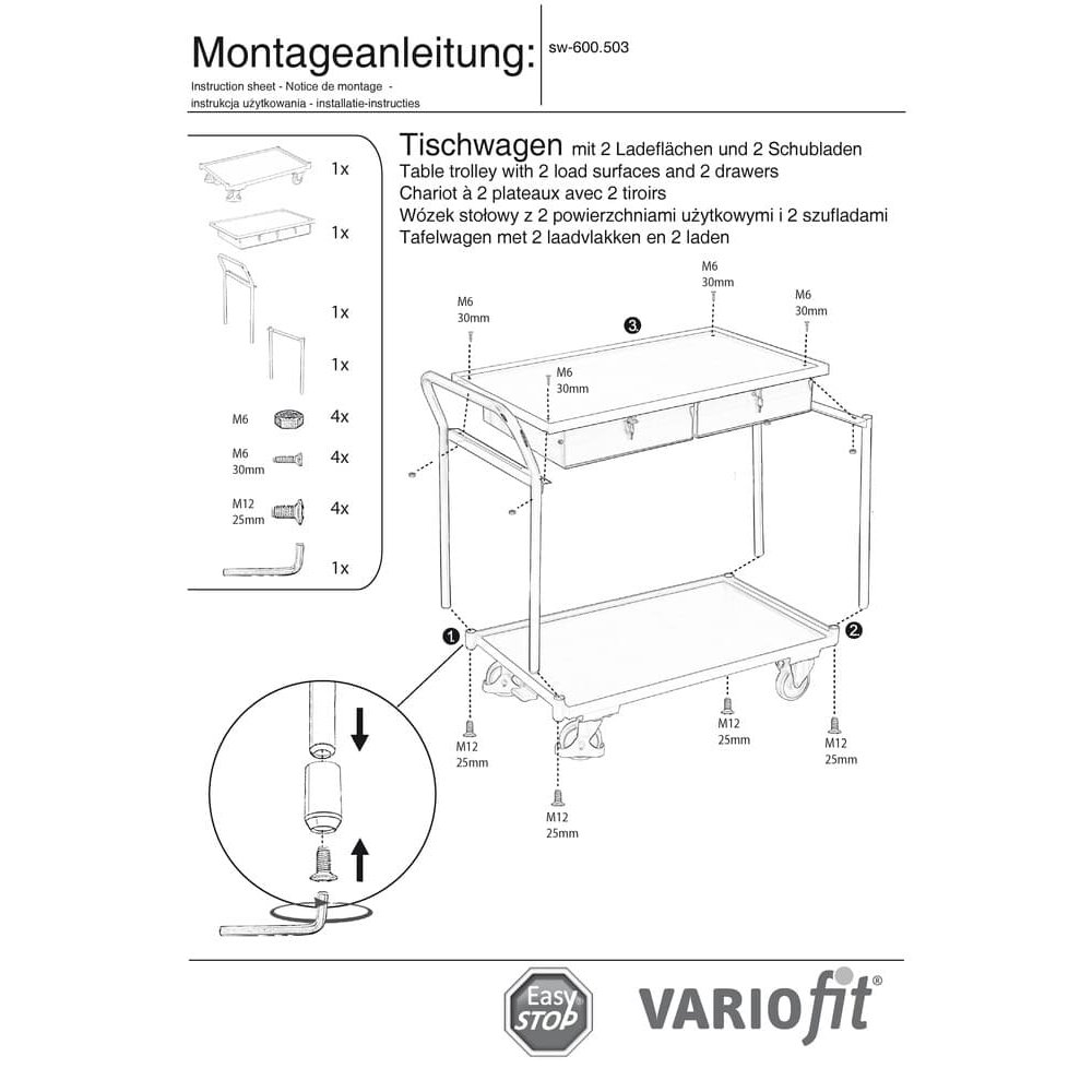 Bordvogn 250 kg med 2 aflåselige skuffer høj skydebøjle + EasySTOP-0