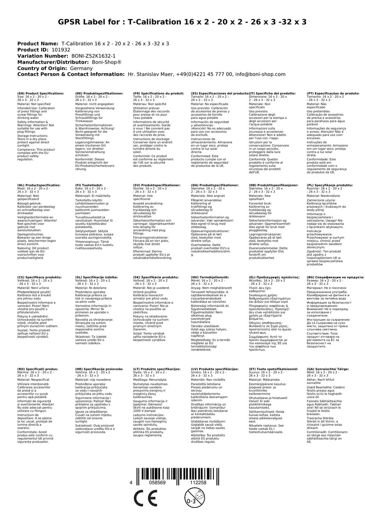 T-Kalibreringsværktøj 16 x 2 - 20 x 2 - 26 x 3 -32 x 3-3