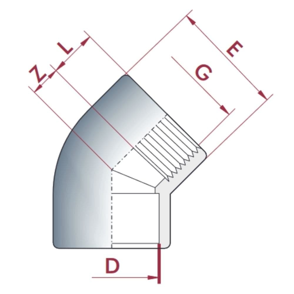 PVC-U 45°Vinkel Muffe x IG 25 mm x 3/4" PN10-0