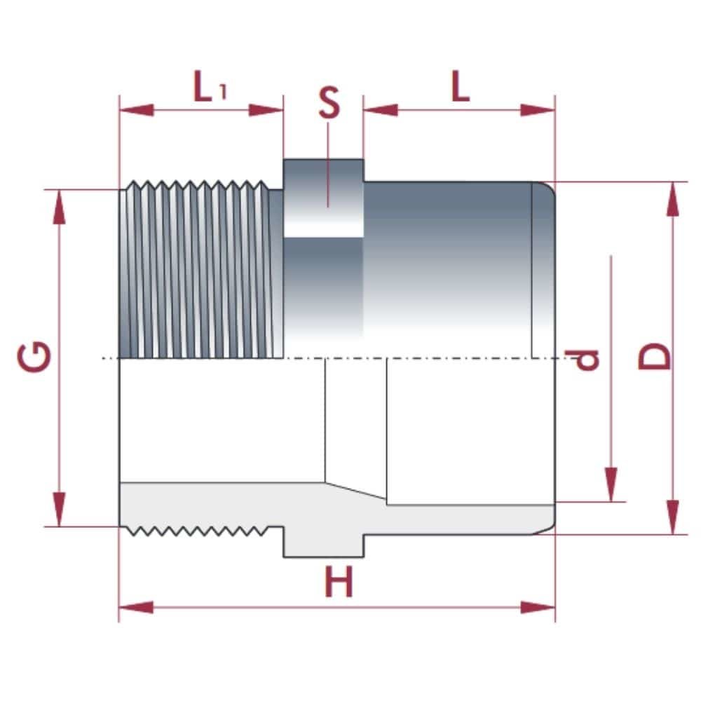 PVC-U overgang muffe x AG 32-25mm x 1" PN10-0