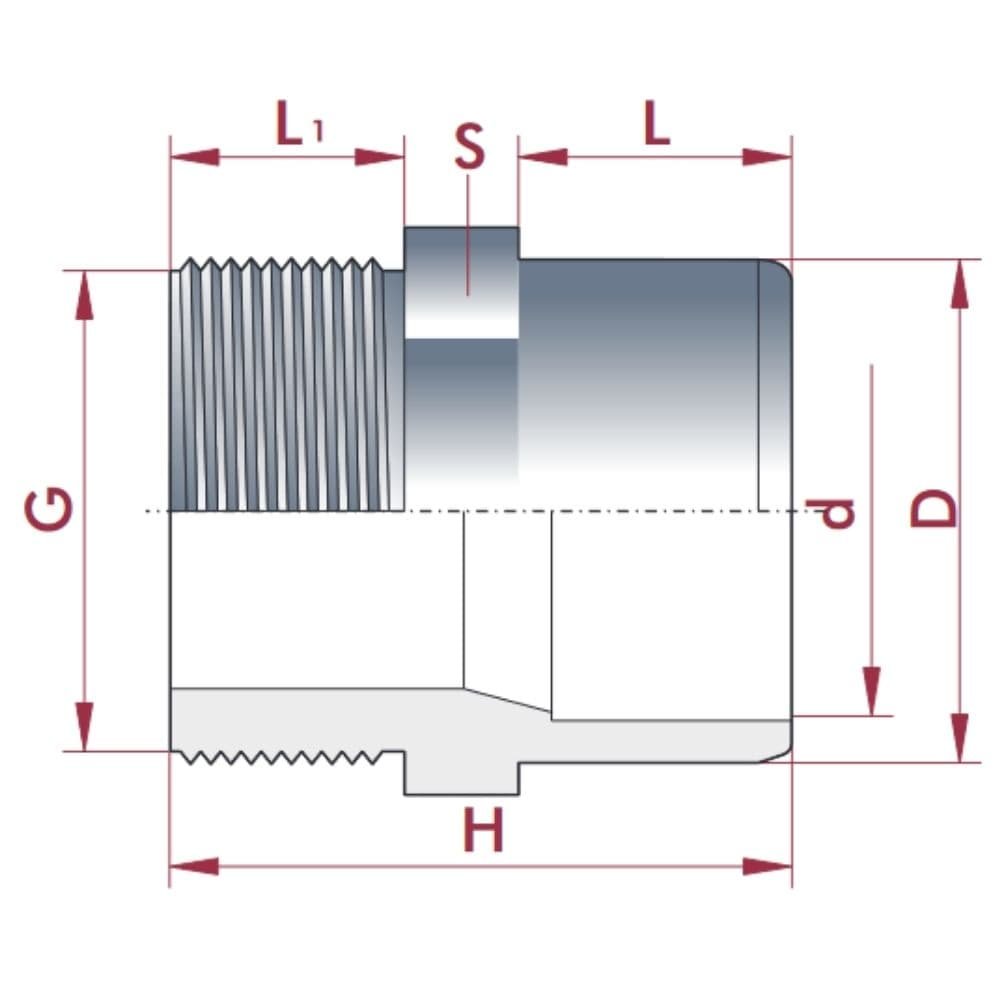 PVC-U Overgang Muffe x AG 50-40mm x 1 1/4" PN10-0