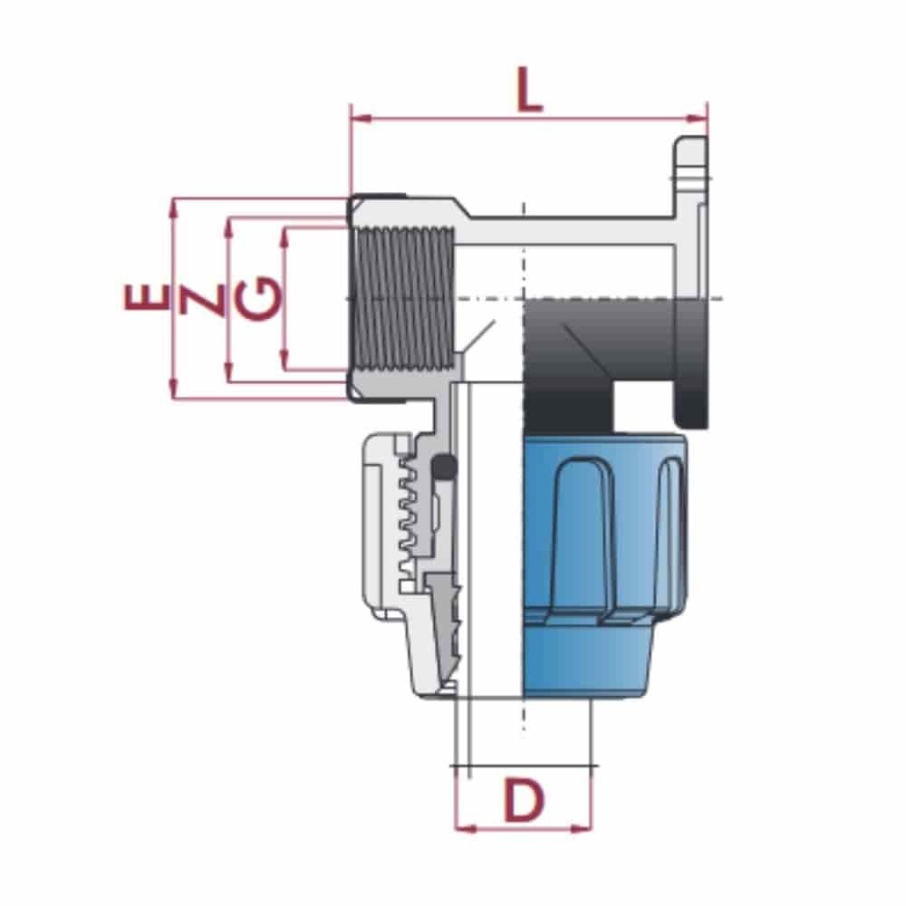 PP PE Rør Fittings 90° forstærket Vægbeslag 25 x 3/4" IG-0