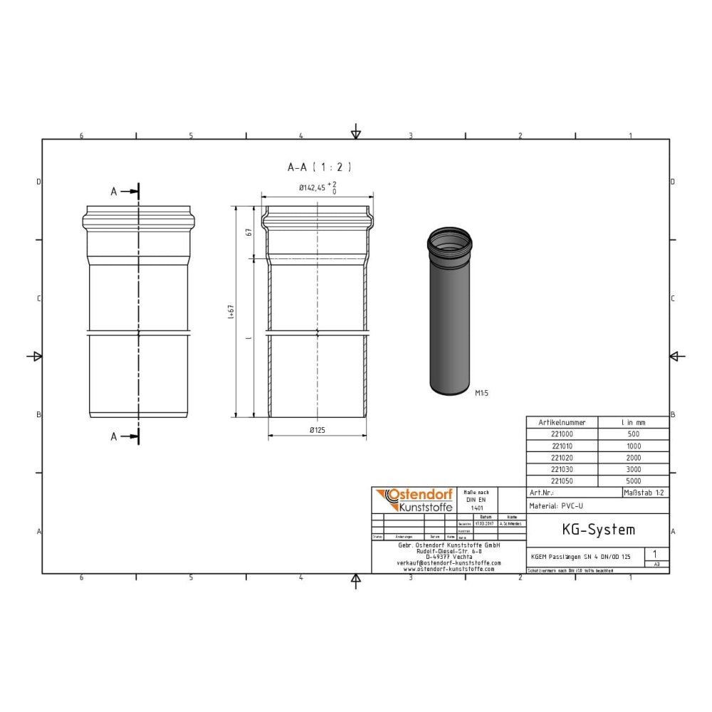 KGEM Rør SN 4 DN/OD 125 x 1000 mm-1