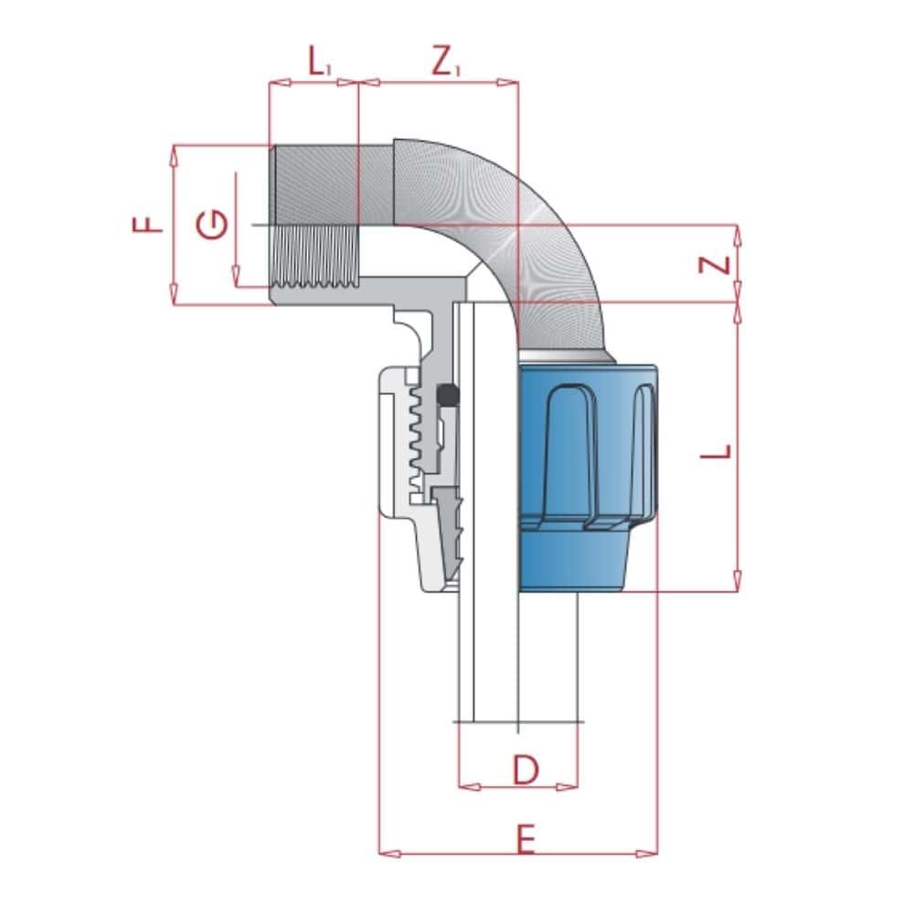 PP PE Rør Fitting 90° Vinkel 40 x 3/4" IG-0