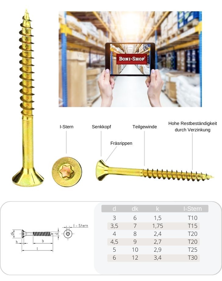 Spånpladeskruer 3,0 x 45 mm 1000 stk med I-stjerne, forsænket hoved, delgevind og fræseribber under hovedet-4